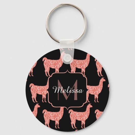 Llama pink coral glitter Sparkles pattern Monogram Schlüsselanhänger (Vorderseite)
