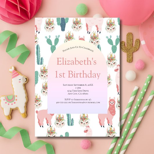 Llama Pink und Green Cactus Niedlich Girl Birthday Einladung