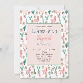 Llama Pink und Green Cactus Niedlicher Kindergebur Einladung