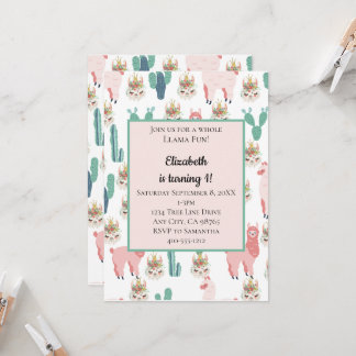 Llama Pink und Green Cactus Niedlicher Kindergebur Einladung