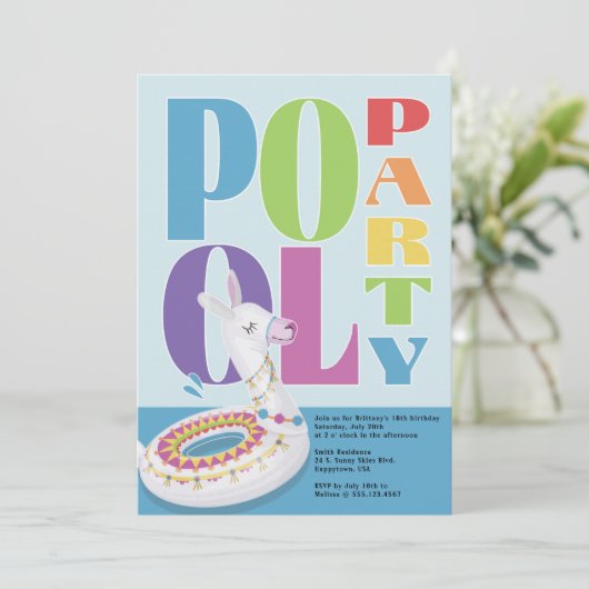 Llama Pool Party Summer Birthday Party Einladung (Stehend Vorderseite)