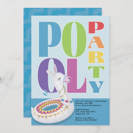 Llama Pool Party Summer Birthday Party Einladung (Vorne/Hinten)