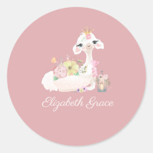 Llama Rosa und Weiß mit Blume Girly Runder Aufkleber