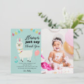 Llama Say Birthday Party Foto Dankeskarte (Stehend Vorderseite)