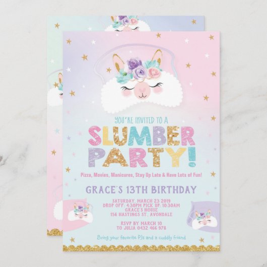 Llama Slumber Party Birthday Invitation Sleepover Einladung (Vorne/Hinten)