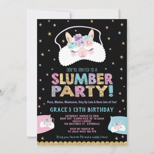 Llama Slumber Party Birthday Invitation Sleepover Einladung (Vorderseite)