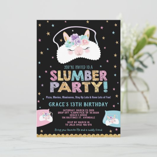 Llama Slumber Party Birthday Invitation Sleepover Einladung (Stehend Vorderseite)