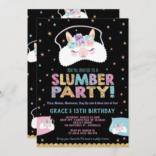 Llama Slumber Party Birthday Invitation Sleepover Einladung (Vorne/Hinten)