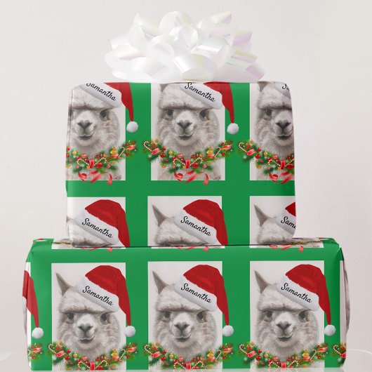 Llama Smiles Weihnachtsmannmütze Individuelle Name Geschenkpapier