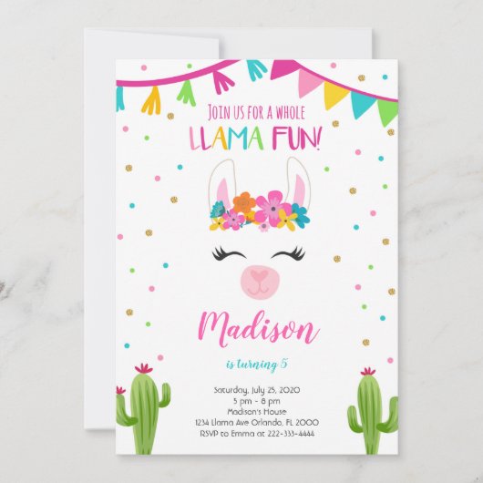 Llama Spaß mit Cactus Birthday Einladung (Vorderseite)
