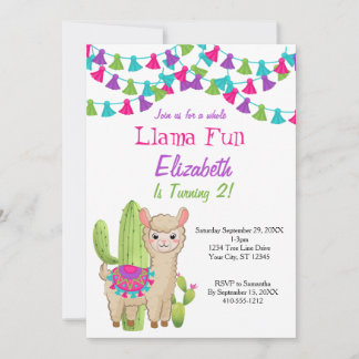 Llama Spaß Pink Lila Kaktus 2. Geburtstag Einladung