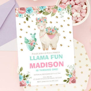 Llama-Spaß Pink Minze Floral Mädchen 1. Geburtstag Einladung