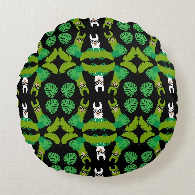Llama Themed Print Rundes Kissen (Vorderseite)