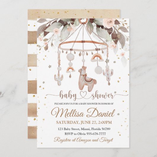 Llama Toys Boho Einladung Kinderdusche Alpak Boho (Vorne/Hinten)