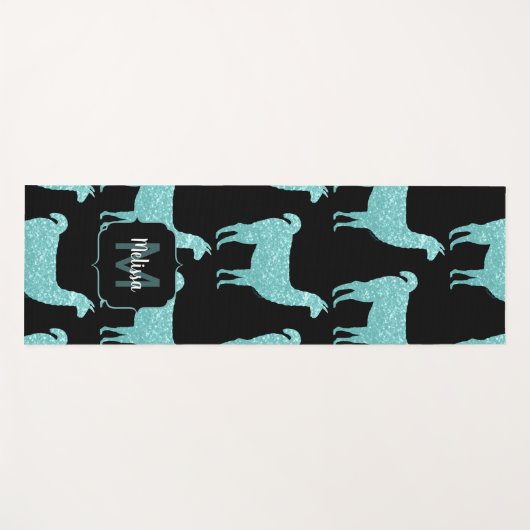 Llama Turquoise Glitzer Glitzern Monogram Yogamatte (Vorderseite (Horizontal))