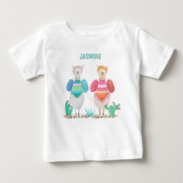 Llama und Cacti Wasserfarbe Personalisiert Baby T-shirt (Vorderseite)