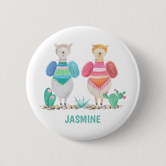 Llama und Cacti Wasserfarbe Personalisiert Button (Vorderseite)