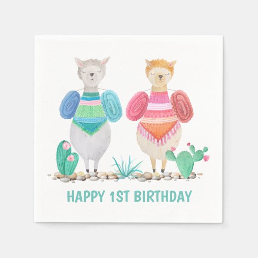 Llama und Cacti Wasserfarbe Personalisiert Serviette (Vorderseite)