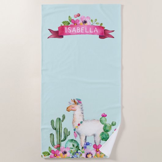 Llama und Cactus Floral Mit Monogramm Strandtuch (Vorderseite)