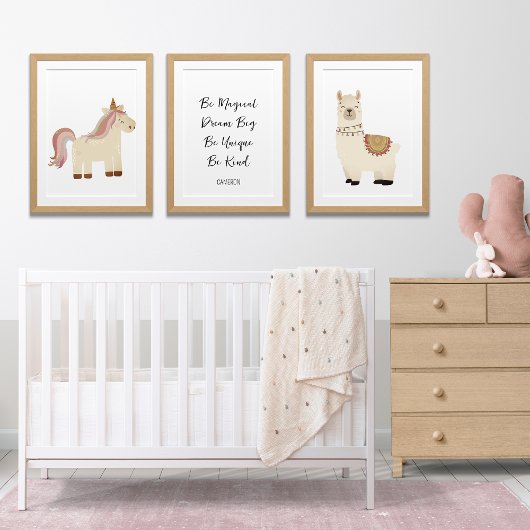 Llama Unicorn Boho Kinderzimmer Art, Name des benu Bilderwand Sets