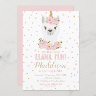 Llama Unicorn Geburtstag Einladung Blush Bloral
