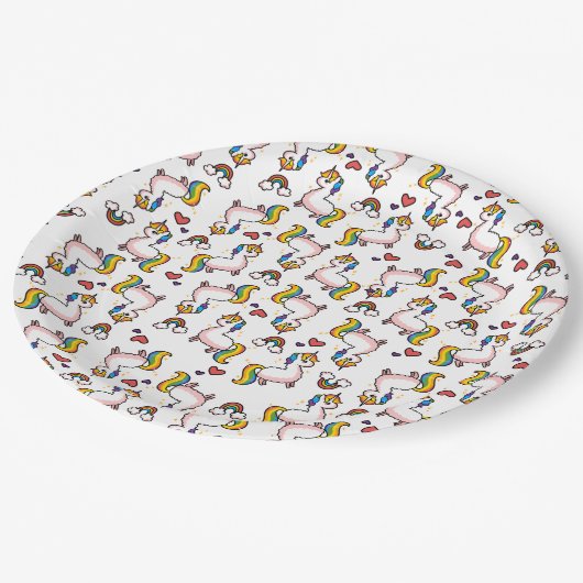 Llamacorn Verrücktheit Pappteller (Schrägansicht)