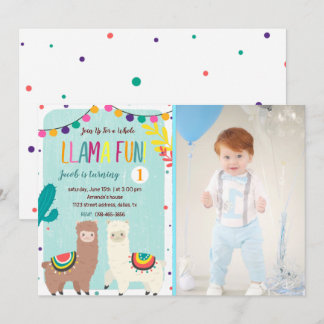 Llamas Blue Birthday Einladung mit Foto