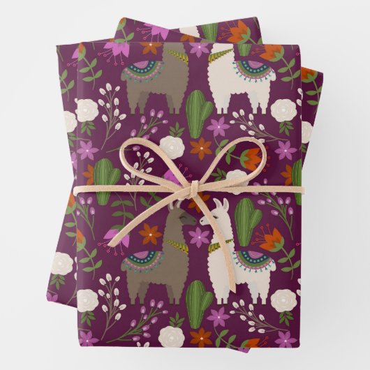Llamas, Blume und Kakteen auf Lila Geschenkpapier Set (Beispiel)