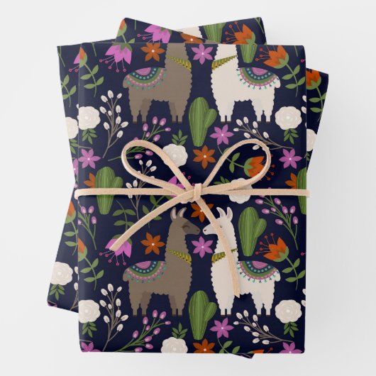 Llamas, Blume und Kakteen on Navy Geschenkpapier Set (Beispiel)