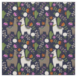Llamas, Blume und Kakteen on Navy Stoff