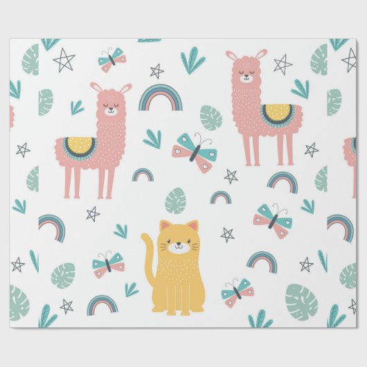 Llamas Cats Alapaca Pink Girly Animals Boho Geschenkpapier (Flach)