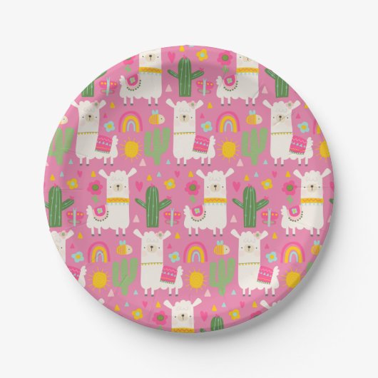 Llamas Rainbows Green Cactus Light Girly Pink Nied Pappteller (Vorderseite)