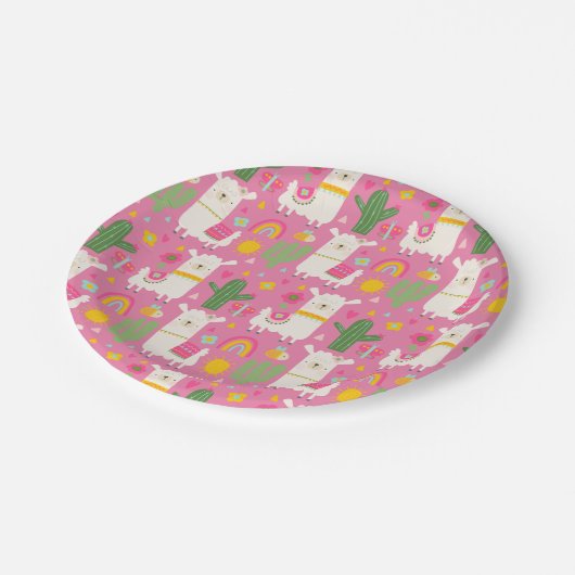 Llamas Rainbows Green Cactus Light Girly Pink Nied Pappteller (Schrägansicht)