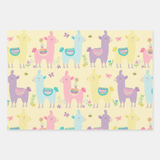 Llamas rosa, gelb Lila Niedlich Adorable Geschenkpapier Set (Vorderseite)