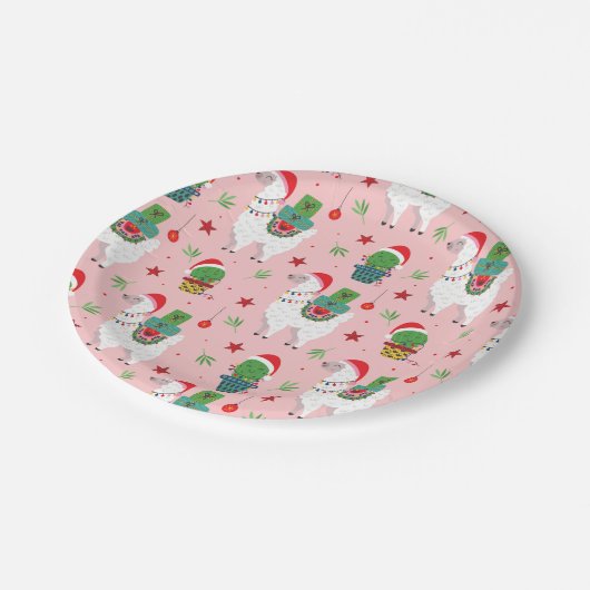 Llamas und Cacti Weihnachtsmuster Pappteller (Schrägansicht)