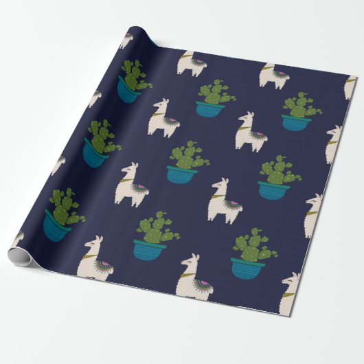 Llamas und Cactus on Navy Geschenkpapier (Ungerollt)