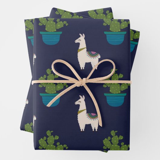 Llamas und Cactus on Navy Geschenkpapier Set (Beispiel)