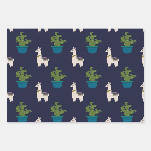 Llamas und Cactus on Navy Geschenkpapier Set (Vorderseite)