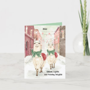 Llamas Weihnachtskarte – Whimsical Urlaubslichter Feiertagskarte