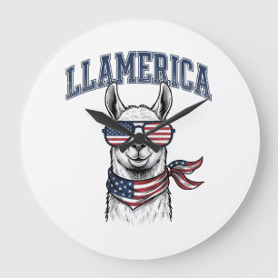 Llamerica Patriotischer Lama Vintage Gravur T-Shir Große Wanduhr