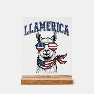 Llamerica Patriotisches Lama Vintage Gravur T-Shir Acrylschild