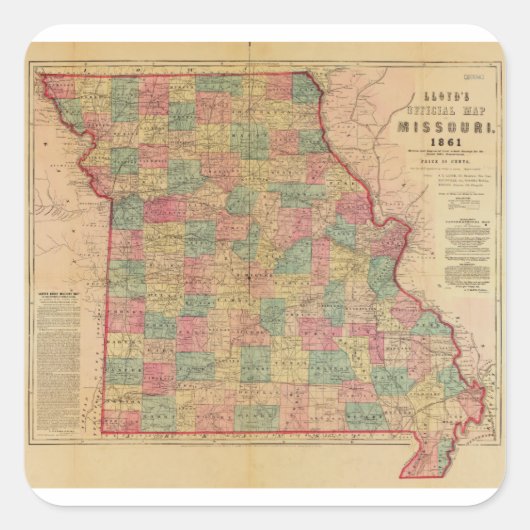 Lloyd's Offical Map of Missouri (1861) Quadratischer Aufkleber (Vorderseite)