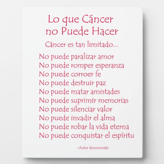 Lo que Cancer no Puede Hacer Gedicht Plaque Fotoplatte (Vorderseite)