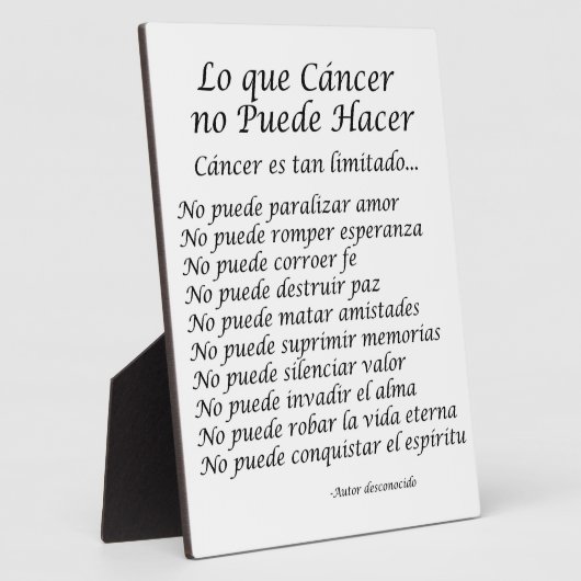 Lo que Cancer no Puede Hacer Gedicht Plaque Fotoplatte (Seite)