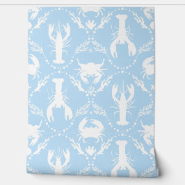 Lobster and Crab in Cornflower Blue and White Tapete