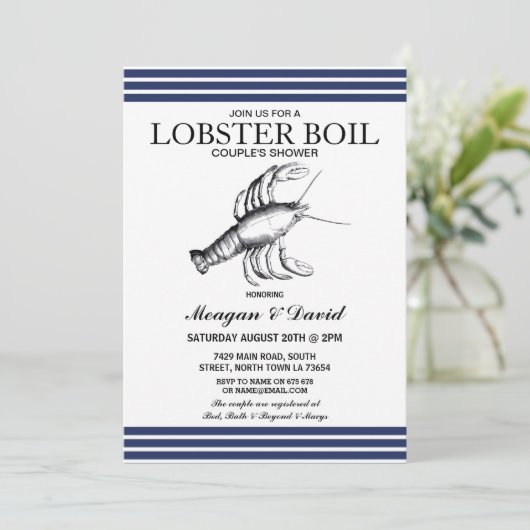 Lobster Boil Engagement Party Stripe Blue Beach Einladung (Stehend Vorderseite)