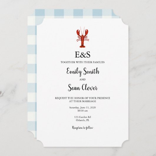 Lobster Nautical Wedgram Blue Gingham Einladung (Vorne/Hinten)