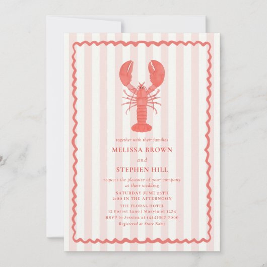 Lobster Pink Stripe Nautical Wedding Einladung (Vorderseite)