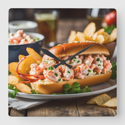 Lobster Roll And Potato Chips Quadratische Wanduhr (Vorderseite)