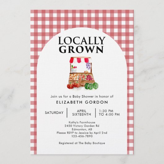 Locally Grown Baby Shower Farm Market Gingham Einladung (Vorderseite)